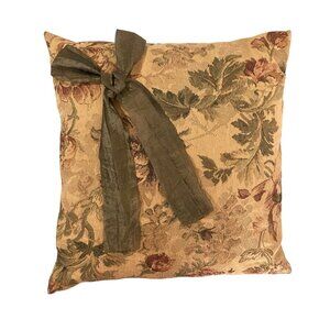 Decorative Tapestry Throw Pillow With Floral Design And Ribbon Accent